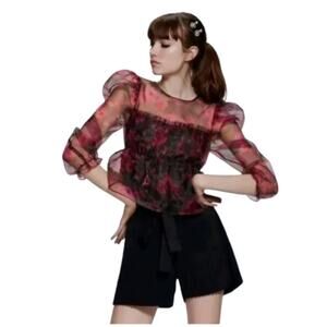 Zara Red Floral Organza Sheer Floral Frill Puff Sleeve Blouse *